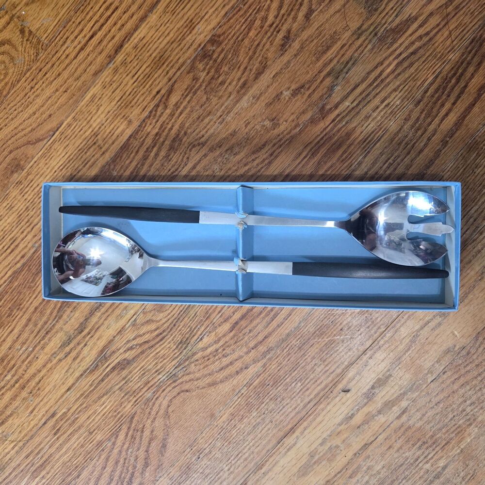 Vintage Stanley Roberts Mexicale Forged 2 Pc Salad Serving Set Black Handles - Picture 1 of 6